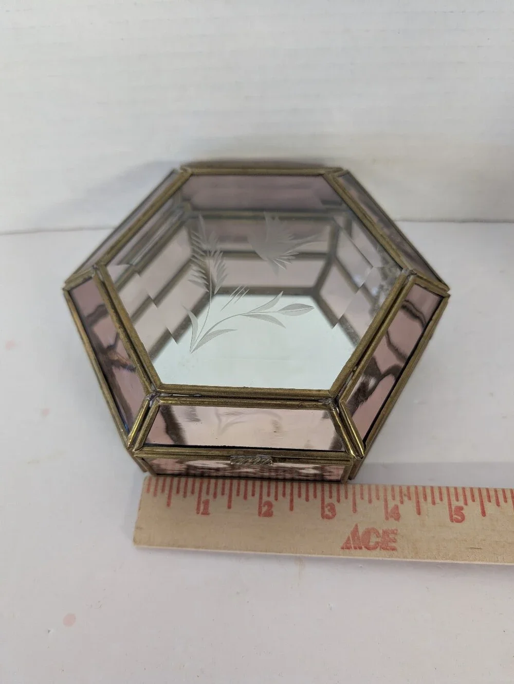 Vintage Hexagonal Purple Glass Jewelry Box with Etched Mirror Lid
